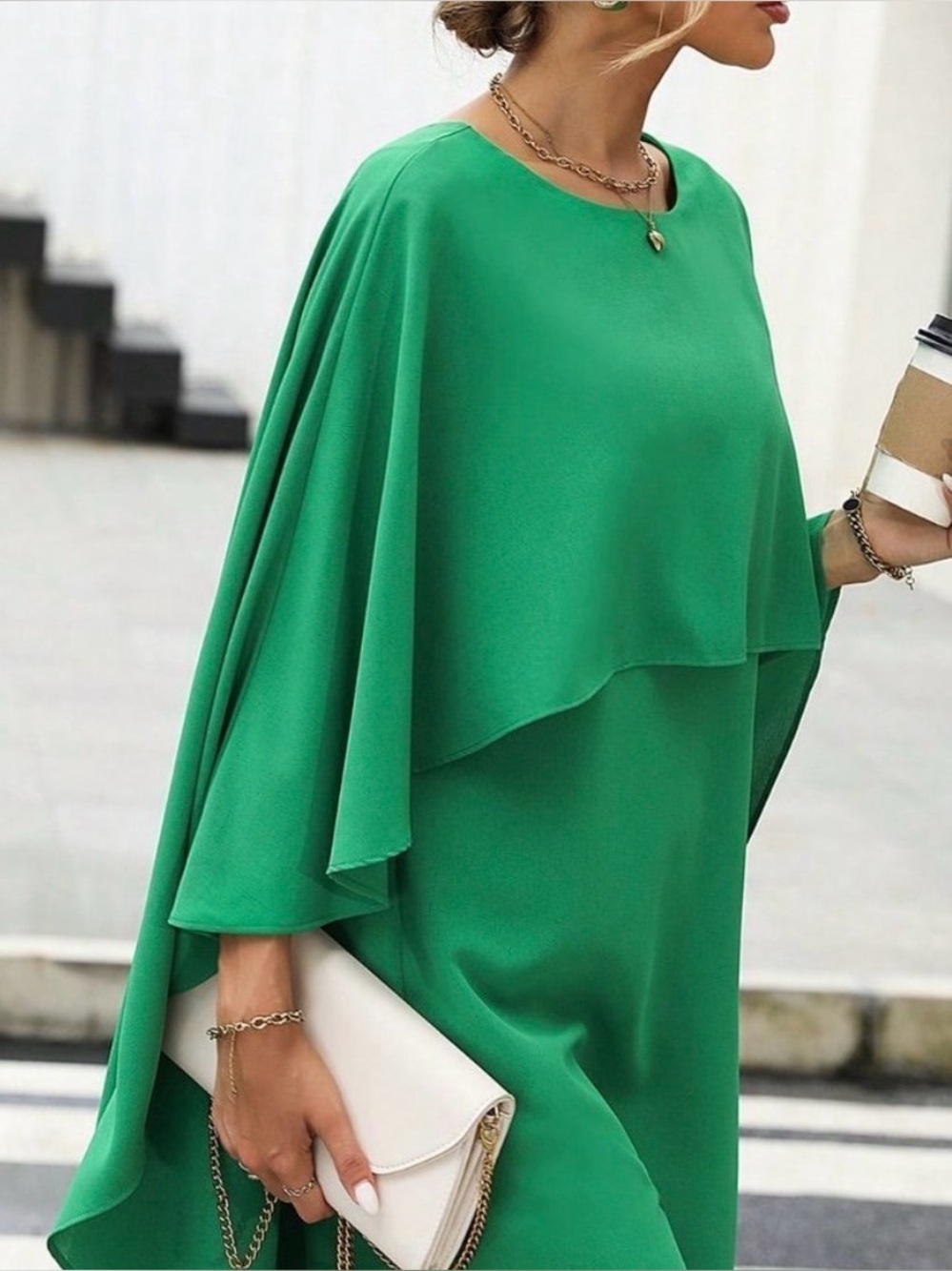 Green Preppy Womens Solid Cloak Sleeve Dress